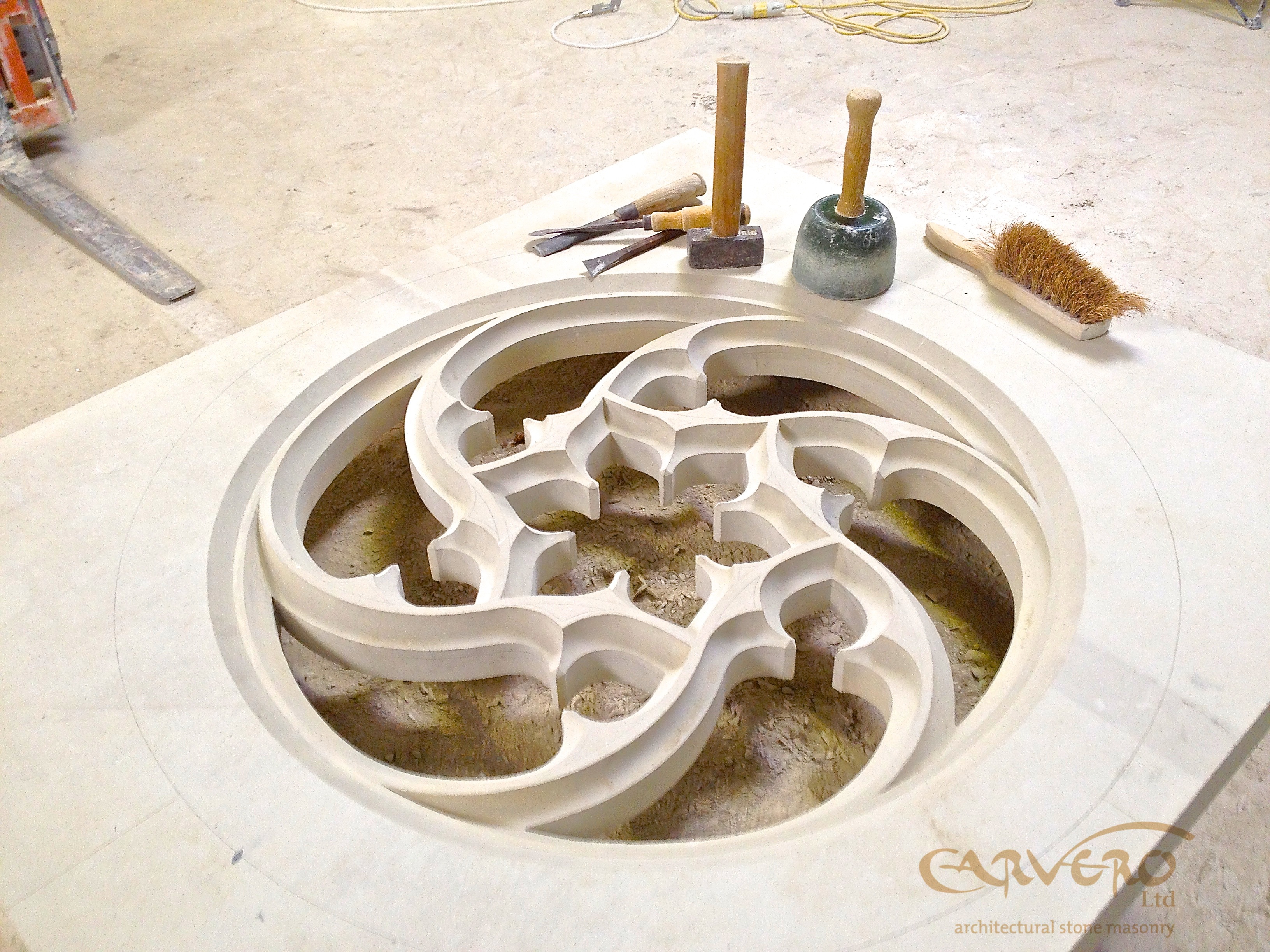 Hand carved tracery window by Leicester based stonemason Carvero