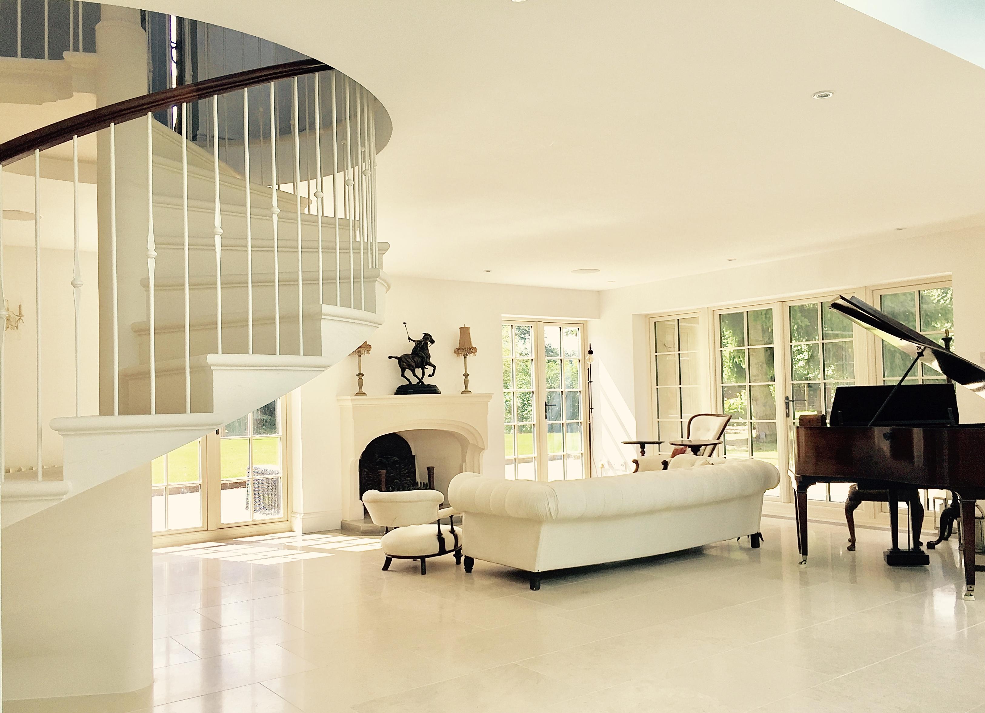 spiral stone stairs, staircase, stone floor, stone fireplace