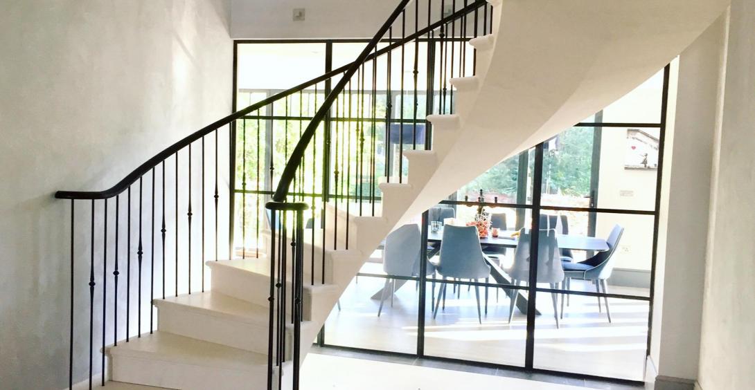 Floating stairs, stone stairs, post tensioned staircase