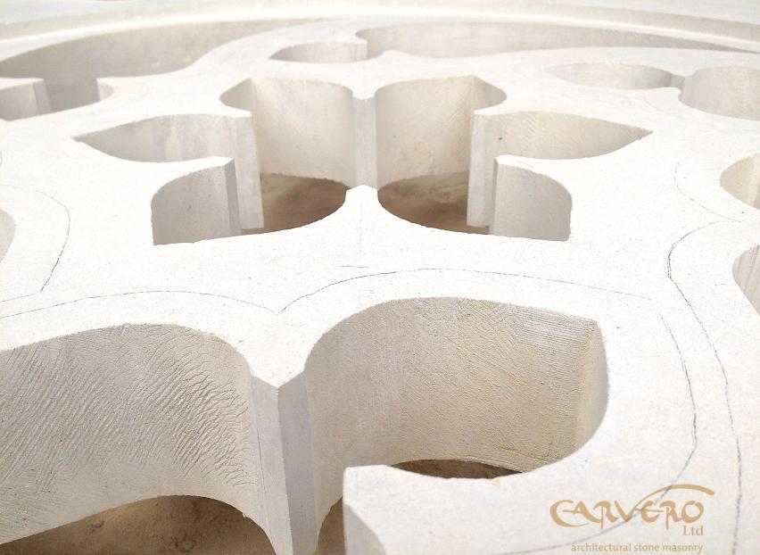 A very delicate stone tracery window carved in our Leicestershire stonemason workshop 