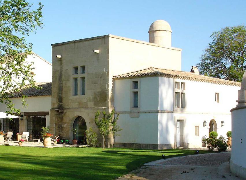 Wide view of stone work on a building in the sun