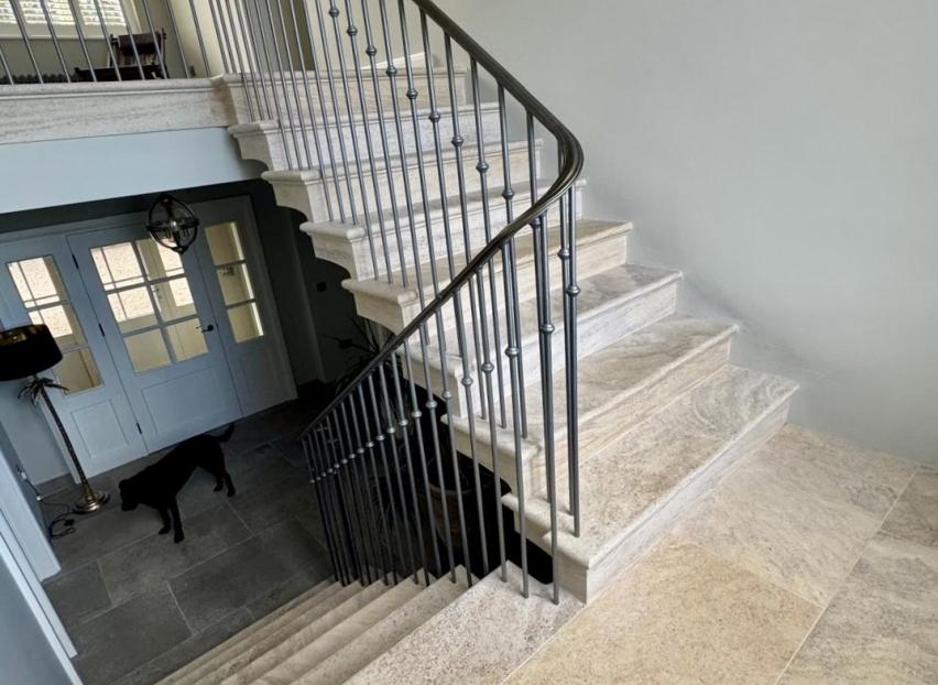 English country house, cantilevered stone staircase in British limestone in Kent near Canterbury